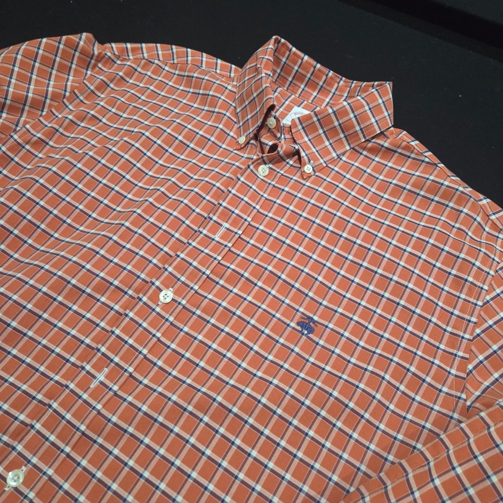 Brooks Brothers 346 Mens Large Orange Blue Plaid Supima Cotton Non-Iron Shirt